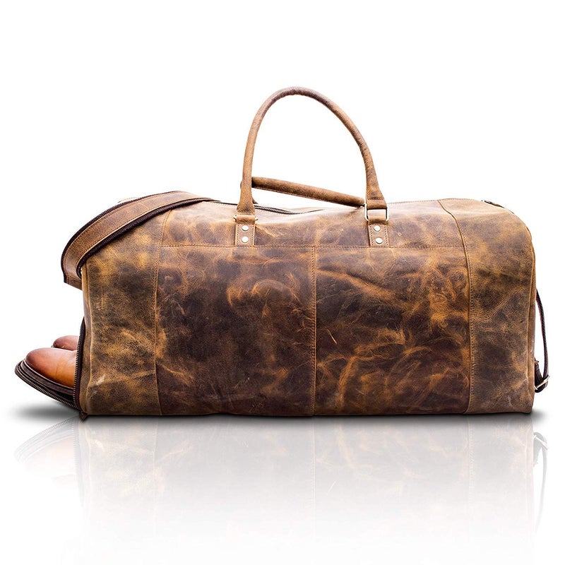 KomalC 24 Inch Leather Duffel Bags for Men and Women Full Grain Leather Travel Overnight Weekend Bags Sports Gym Duffle for Men (Brown Tan with shoe pocket) - Image 3